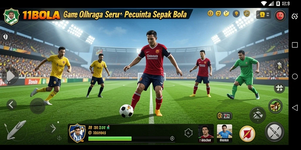 Screenshot gameplay 11BOLA menampilkan aksi seru di lapangan sepak bola.