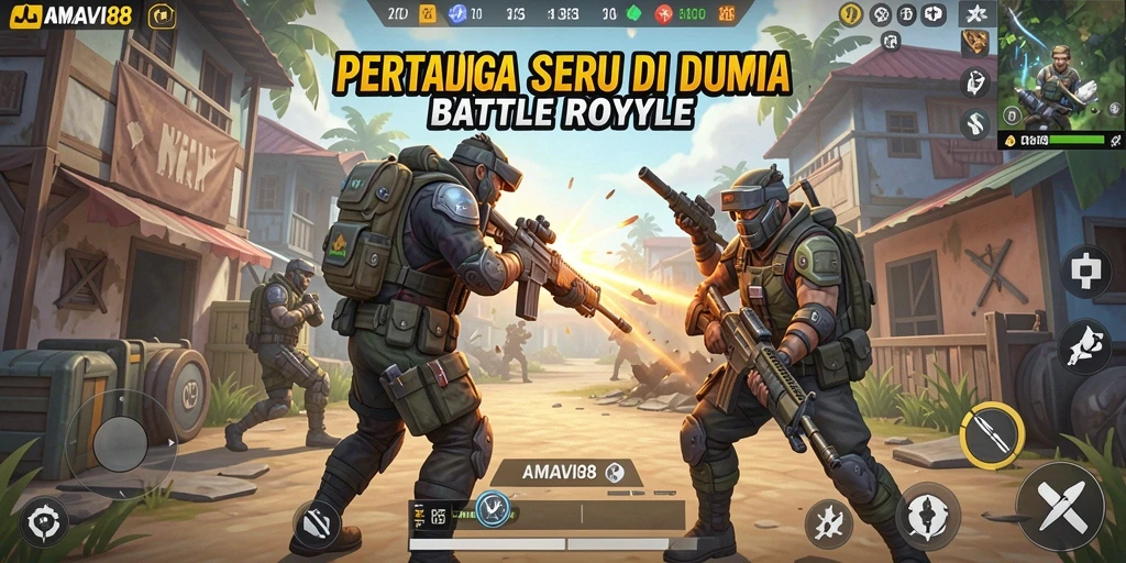 Screenshot gameplay AMAVI88 menampilkan aksi seru dalam pertarungan Battle Royale.
