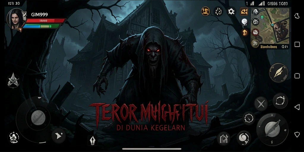 Screenshot GIM999 menampilkan karakter di ruang gelap penuh misteri dan ketegangan.