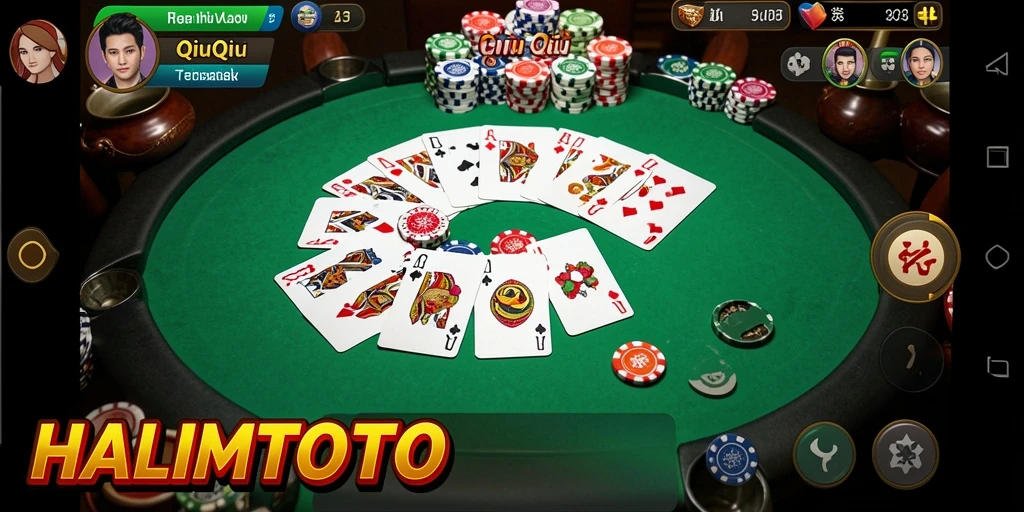Screenshot gameplay HALIMTOTO yang menampilkan suasana pertandingan QiuQiu.