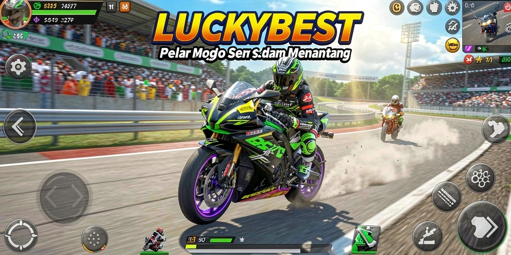 Gameplay seru LUCKYBEST dengan balapan motor yang mendebarkan.
