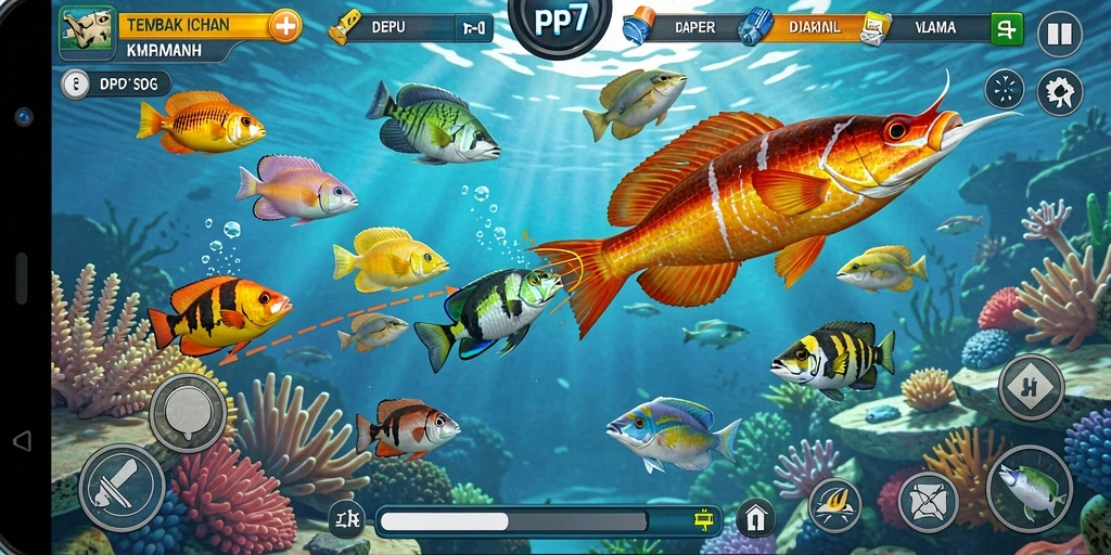 Tampilan gameplay PP7 yang menarik dengan ikan berwarna-warni.