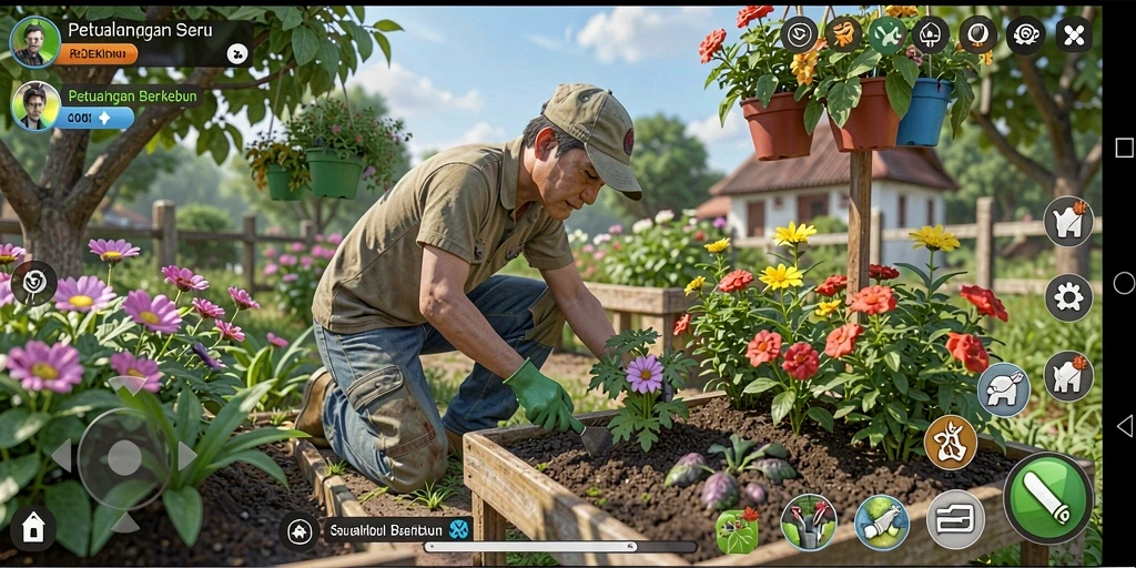 Tangkapan layar utama REJEKIHUB menunjukkan aktivitas berkebun yang seru.