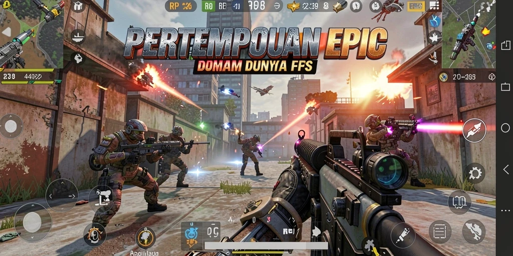Screenshot utama RP8 menampilkan aksi tembak-menembak yang mendebarkan.