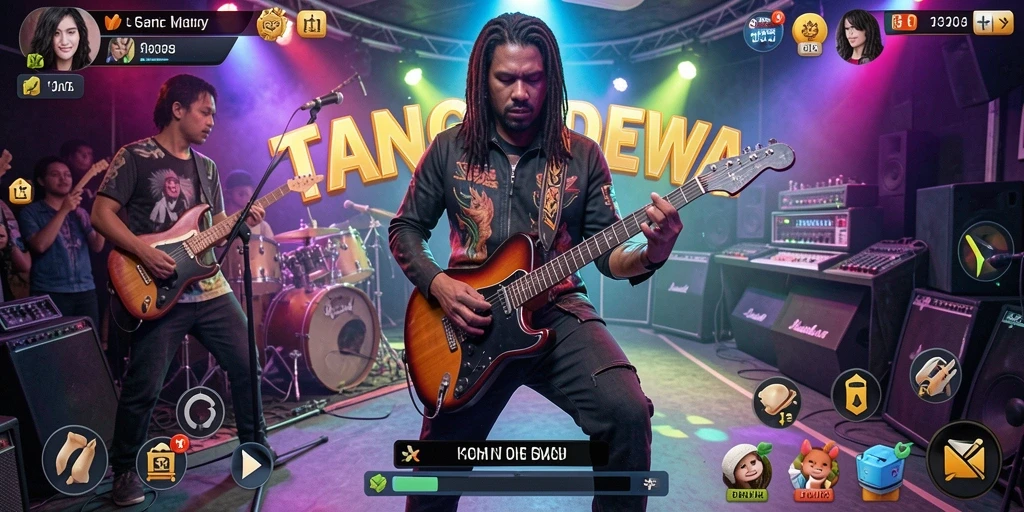 Tampilan gameplay TANGANDEWA yang penuh warna dengan musik yang menggugah semangat.